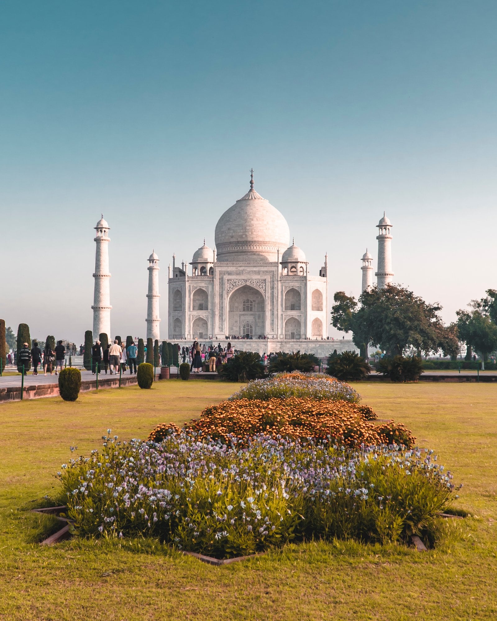 Taj Mahal hinter einer blühenden Gartenanlage