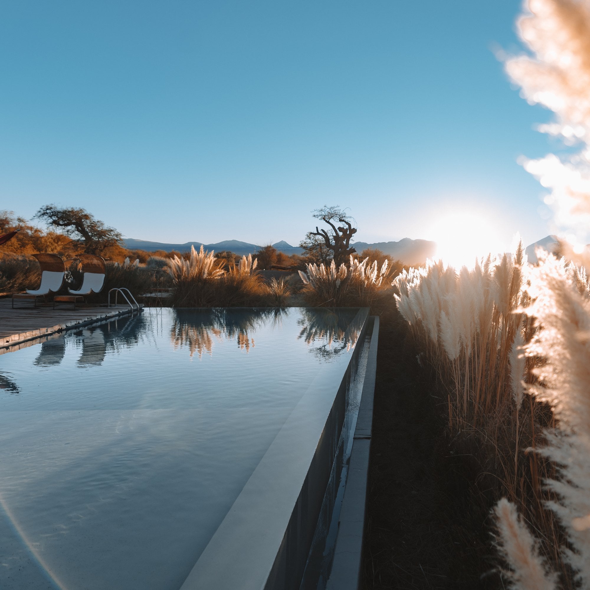 Infinity-Pool im Morgenlicht vor einer winterlichen Landschaft